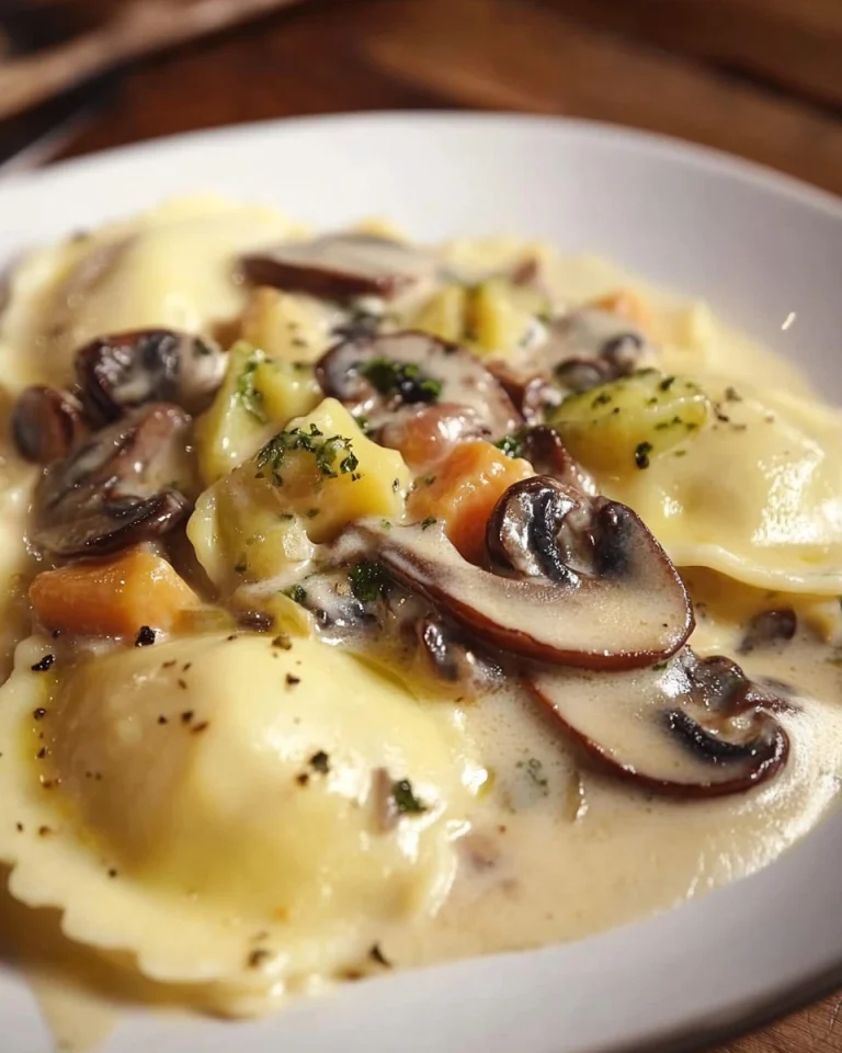 Ravioli ripieni di zucca con salsa di gorgonzola, funghi e pancetta dolce