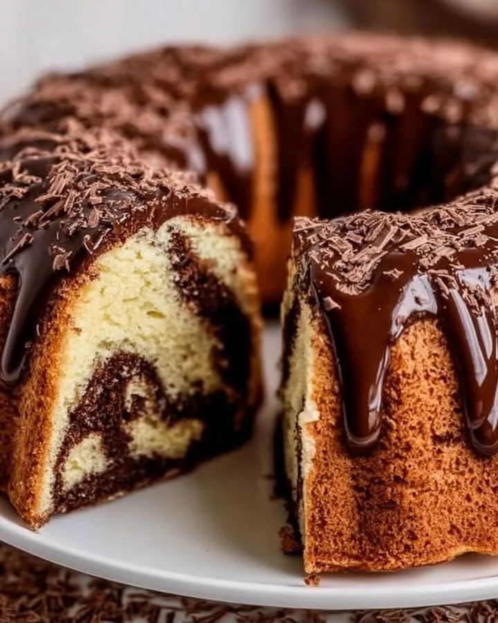 Ein saftiger Marmorkuchen mit einer leckeren Schokoglasur dekoriert.